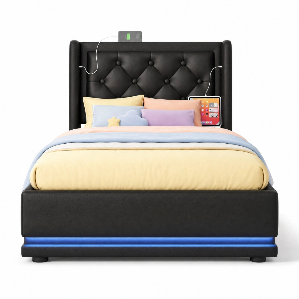 Letto singolo 90x200 cm in PU nero con contenitore; testiera imbottita; LED e USB Type-C