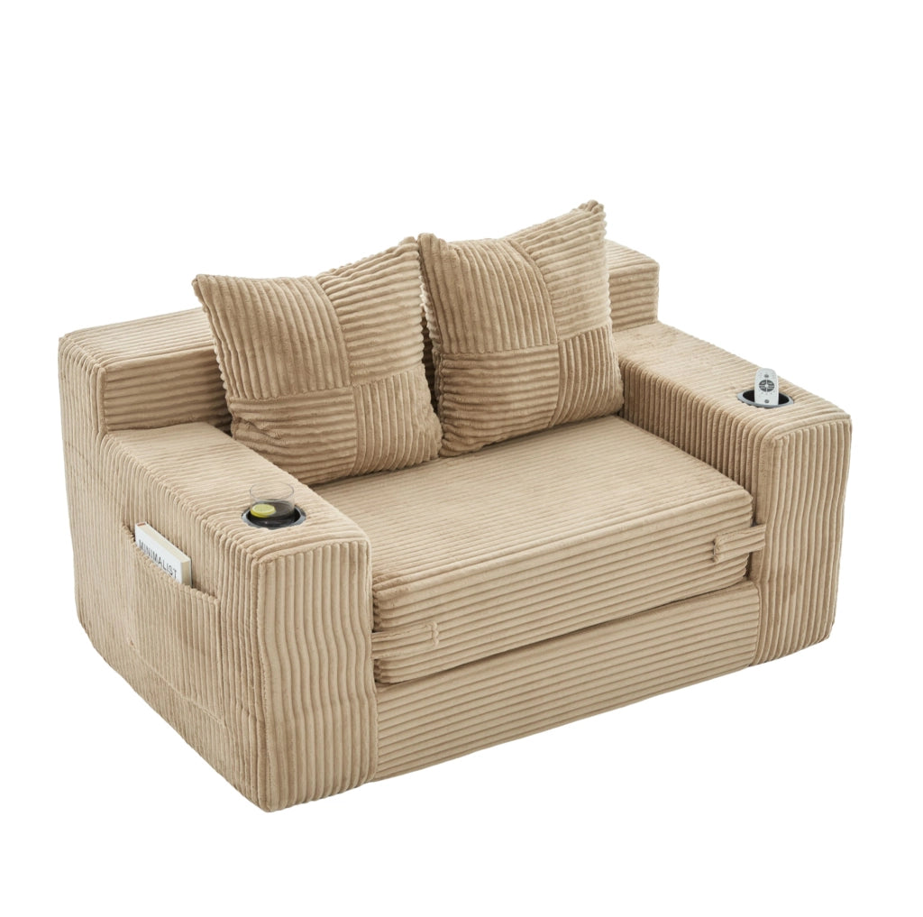 Divano pouf in velluto a coste kaki con tasche laterali e 2 cuscini; 151 x 133 x 64 cm