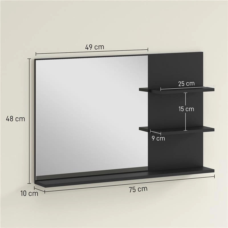 SPECCHIO BAGNO MODERNO CON 2 RIPIANI LATERALI E RIPIANO INFERIORE, IN LEGNO E VETRO, 75X10X48 CM, NERO
