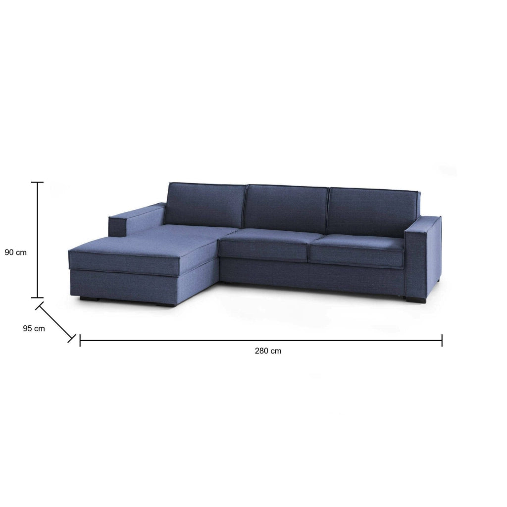 Divano fisso Anila, Divano ad angolo, Made in Italy, SofÒ  Soggiorno con, penisola contenitore Sinistra, con Braccioli standard, cm 280x95h90, Blu