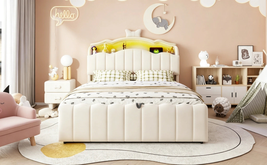 DESMIU Letto per bambini 140 × 200 cm con LED, USB, USB-C e contenitore idraulico, senza materasso, in velluto, beige