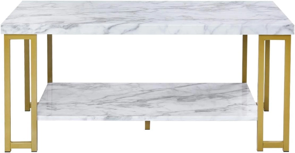 Tavolino da Caffè a 2 Livelli, Tavolo Portaoggetti Solido, Stile Moderno, Adatto per Soggiorno, Ufficio, Camera da Letto,100x50x45 cm, Bianco+Oro