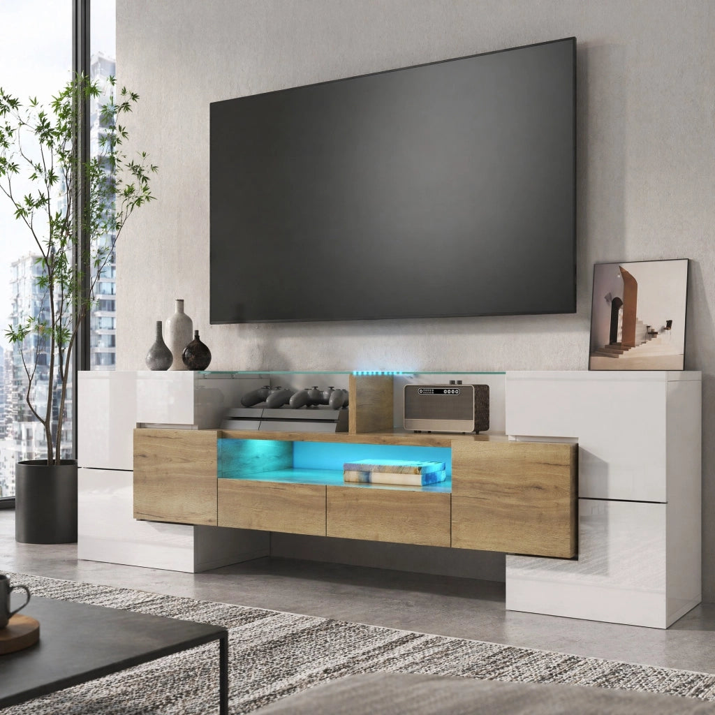 Mobile TV moderno bianco e oro con LED, 145 x 30 x 51 cm