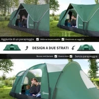 Tenda da Campeggio 6 Posti Idrorepellente con Protezione UV, Pali in Fibra di Vetro, 4.55x2.3x1.8 m, Verde
