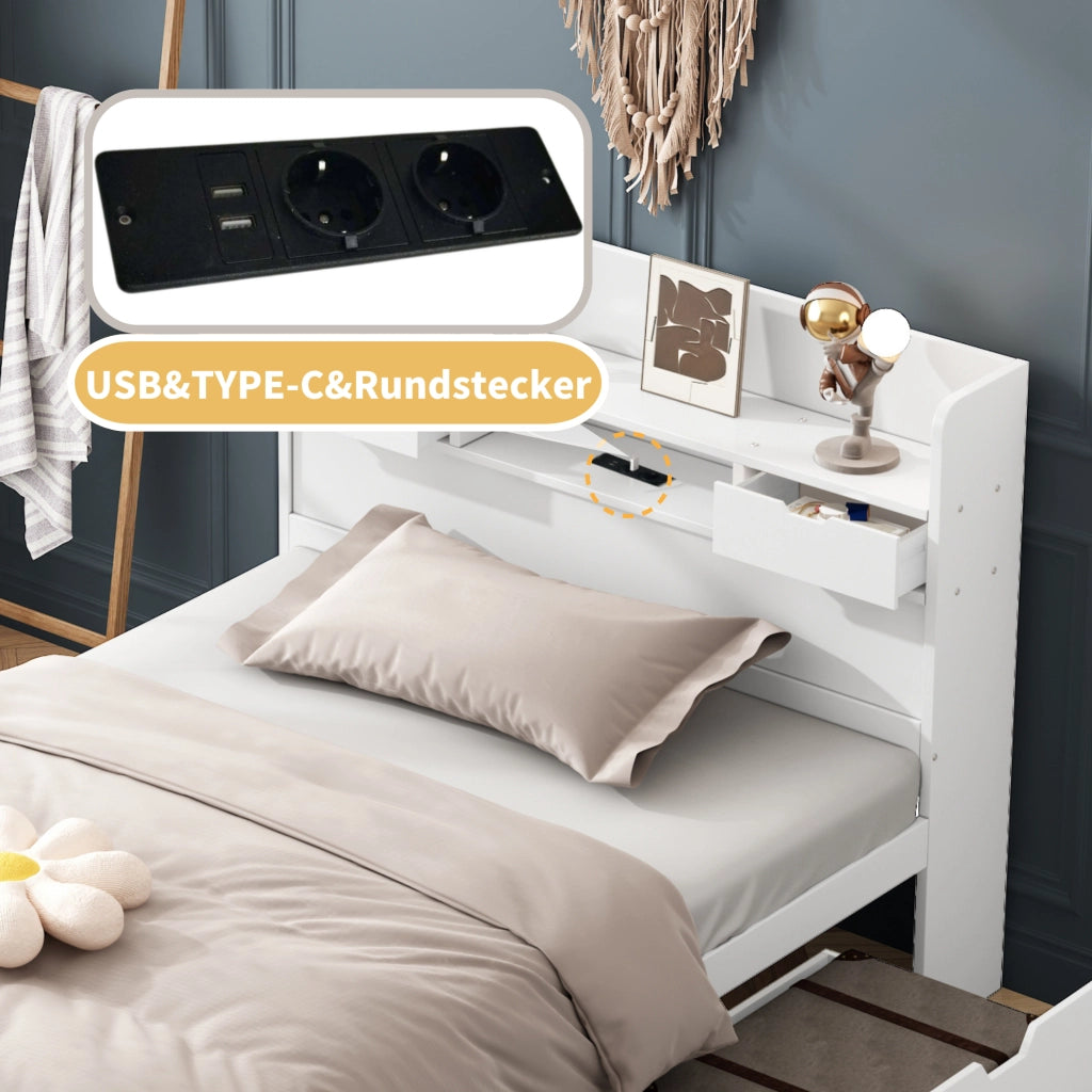 Letto singolo 90x190 cm per bambini e ragazzi con porta USB; cassetto e ampio vano portaoggetti; bianco