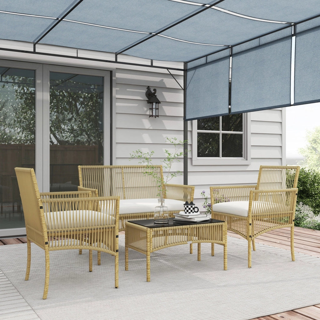 Set Salotto da Giardino in Rattan sintetico Tavolino 3 Poltrone con Divano con Cuscini Naturale