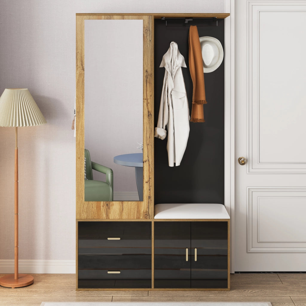 Mobile Ingresso con Specchio; Panca Scarpiera; 2 Ganci; Appendiabiti Estraibile; Lucido; Nero e Naturale; 100??38??180 cm