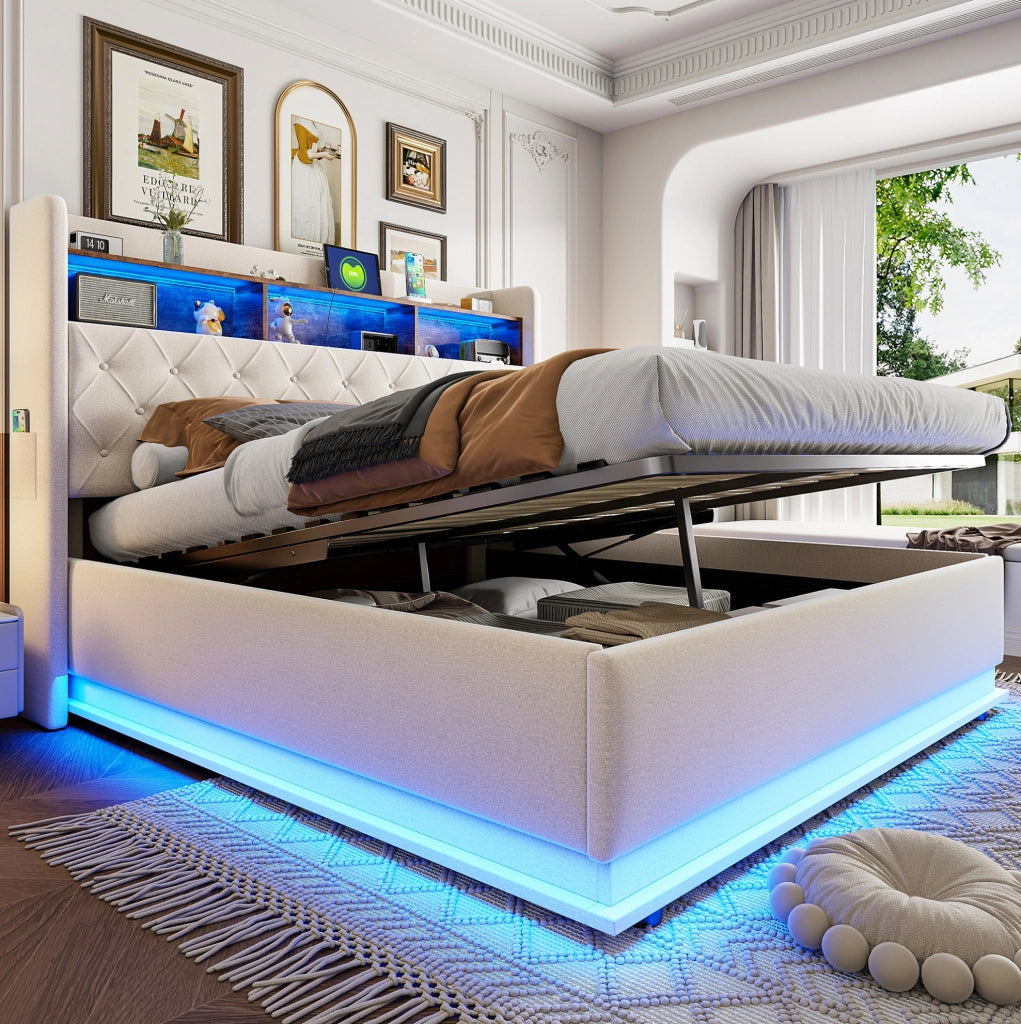 Letto imbottito LED 180x200 cm beige con USB e vano contenitore