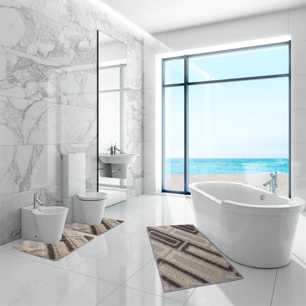 Tappeto Bagno 50x110 Cm Moderno Morbido Soffice Assorbente Asciugapassi Antiscivolo Lavabile Beige
