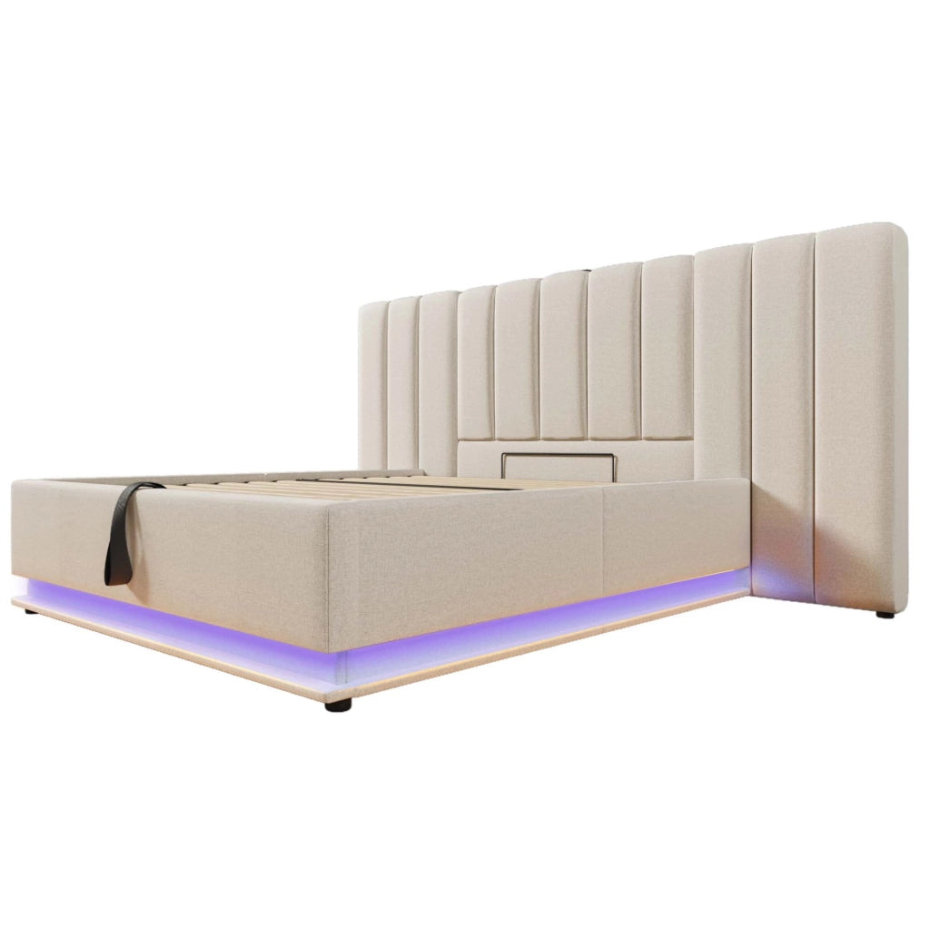 Letto matrimoniale contenitore 180x200 cm con LED 360° e ricarica USB-C; beige