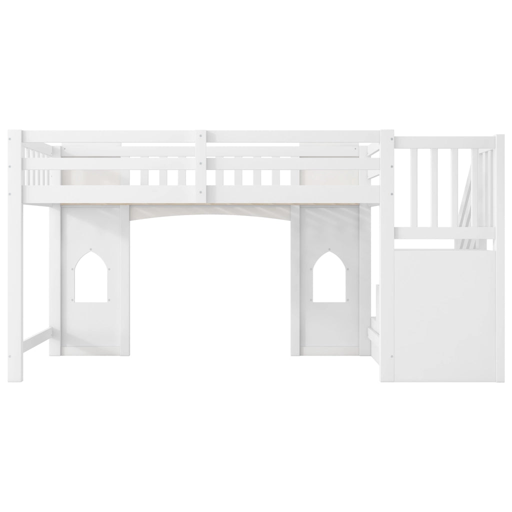 Letto a soppalco per bambini 90 × 200 cm con scala contenitore e finestre, senza materasso, bianco