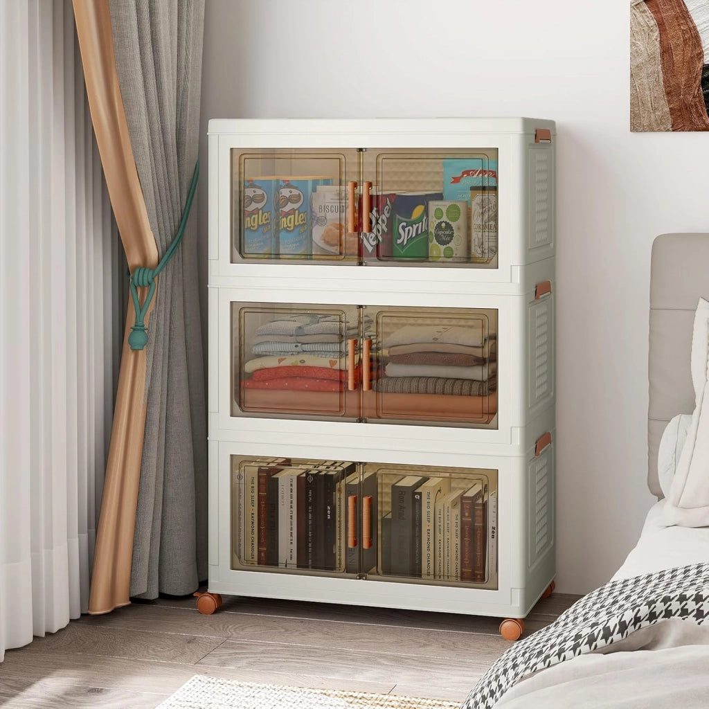 Contenitore di Archiviazione in Plastica, Organizzatore Impilabile con Coperchi e Porte, 4 Ruote, Scatole Organizzatore Pieghevoli per Soggiorno, Camera da Letto (68,5 x 37,5 x 107 cm)
