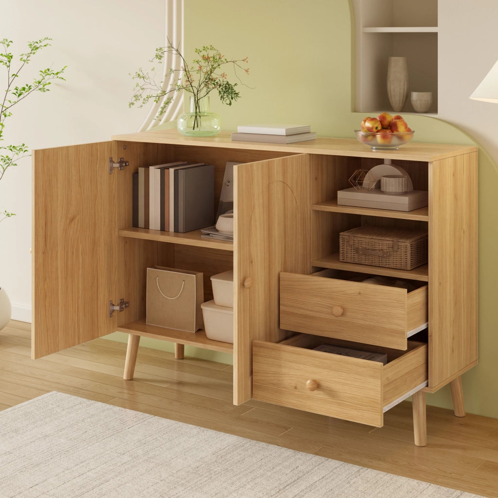 Credenza sideboard con ante bombate, 2 cassetti e vani aperti, colore naturale