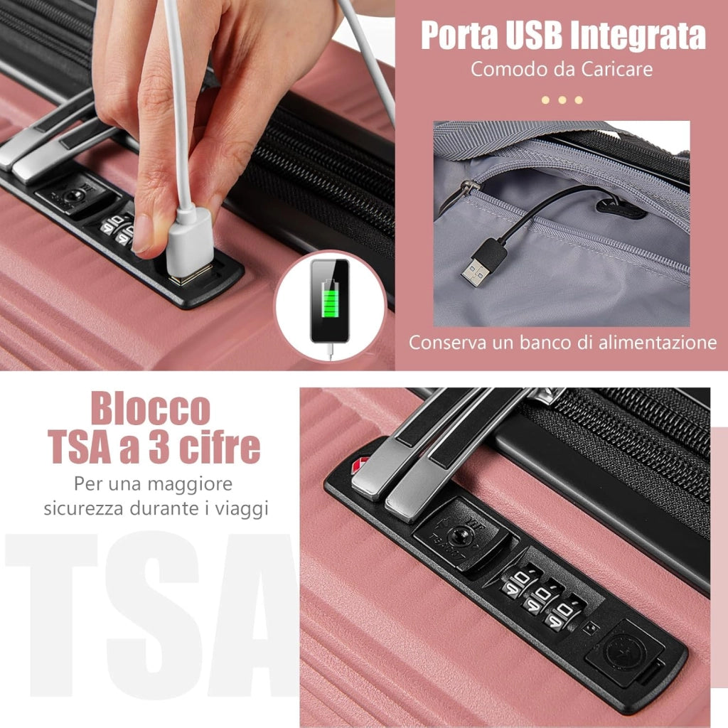 Set di Bagagli da 2 Pezzi, Valigia Trolley da 20" e Casetta da Trucco da 14" in Materiale PP Rigido Leggero con Lucchetto TSA, Porta USB e Ruote Girevoli, Bagaglio a Mano Espandibile (Rosa)