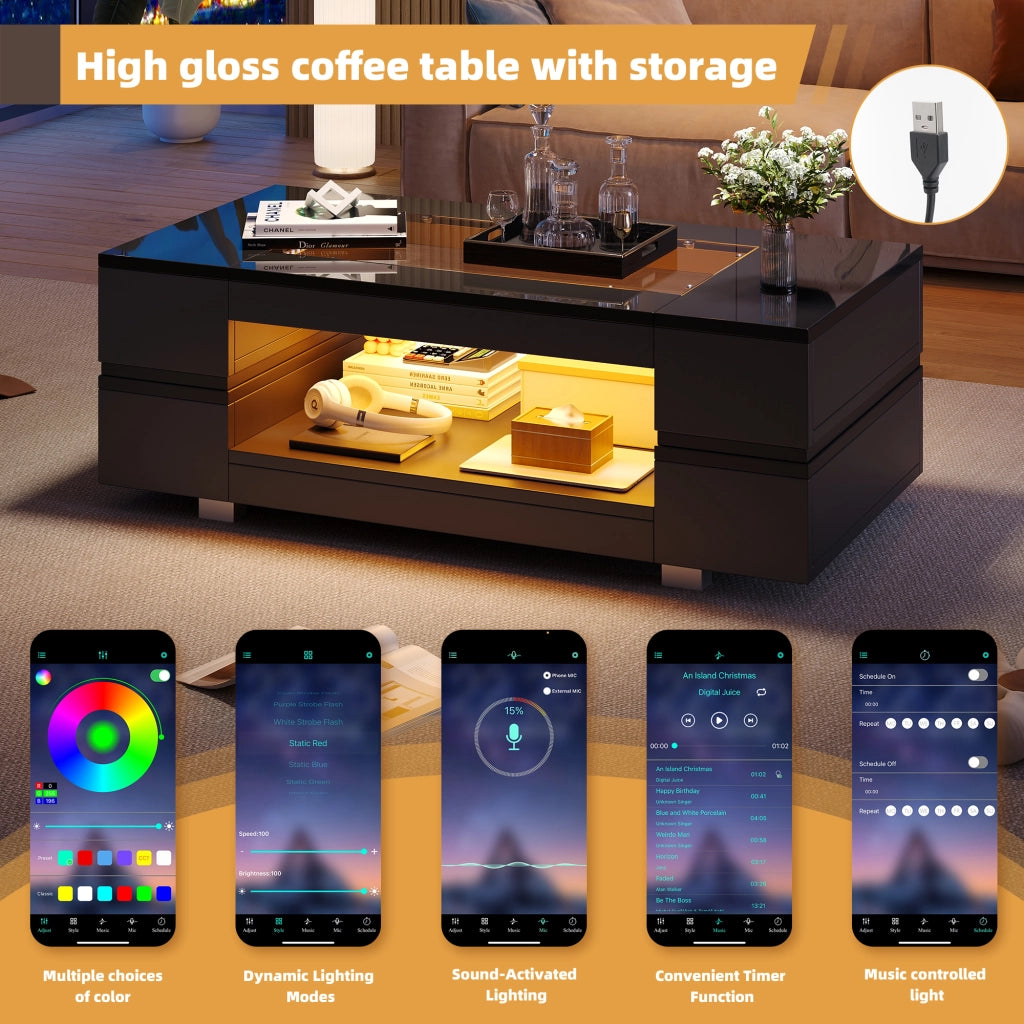 Tavolino da caffè con LED e vano aperto - per soggiorno - in truciolato e vetro temperato - 100×50×35 cm - nero