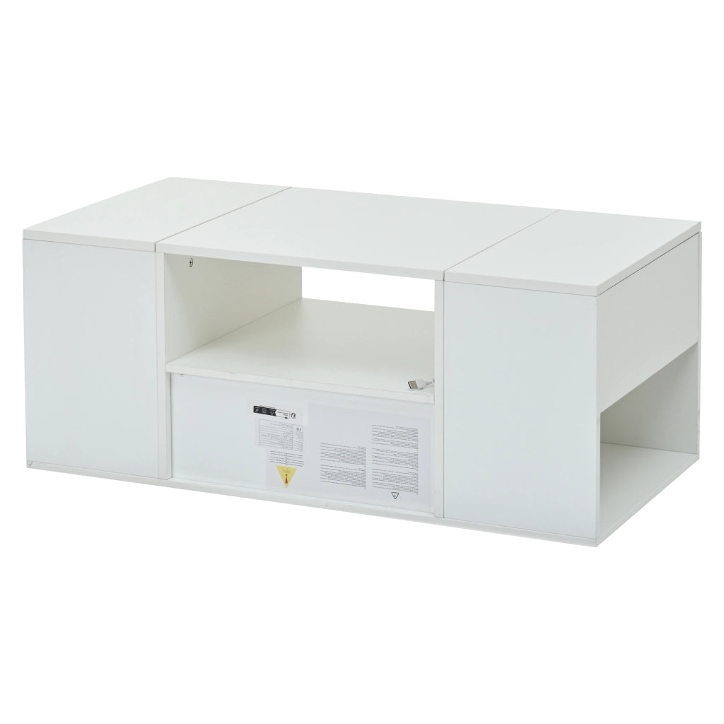 Tavolino basso con 1 cassetto 2 vani chiusi e vano aperto con LED finitura lucida in pannelli di particelle bianco
