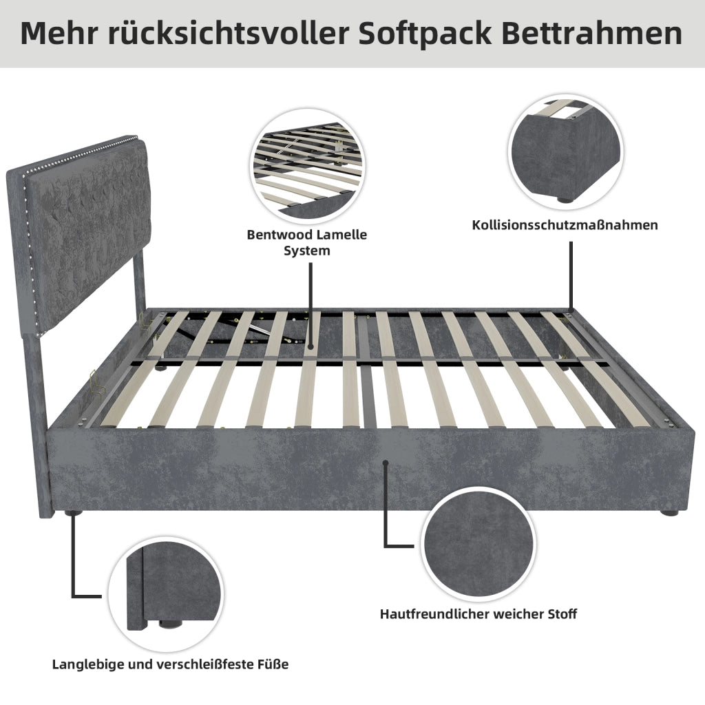 Letto Matrimoniale 140x200 cm; con spazio sotto il letto; in Tessuto e Metallo; Grigio