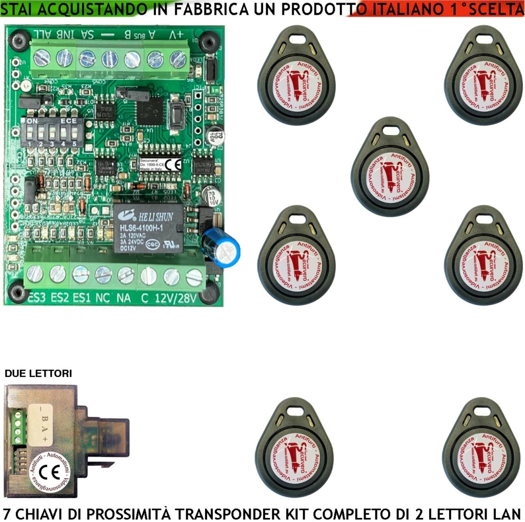 Chiave Elettronica di Prossimità 7 Chiavi TAG Due Lettori su Modulo LAN Universale 501/503 RJ45 Alimentazione 12/24 Vac Relè Scambio 2 A a 24 V Funzione Impulsiva o Stabile Segnale di Stato 4 Led GRVB