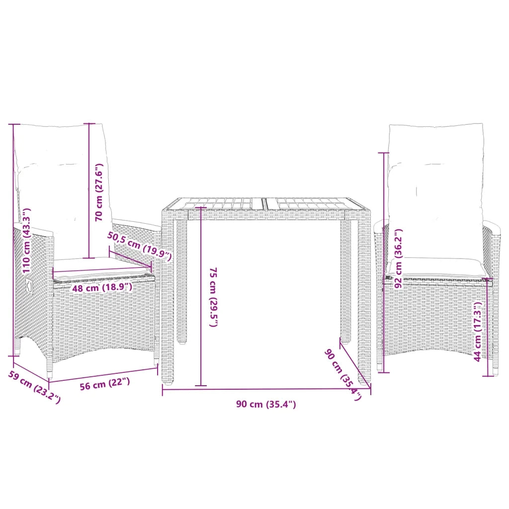 Set da BistrÃ² 3 pz con Cuscini Nero in Polyrattan