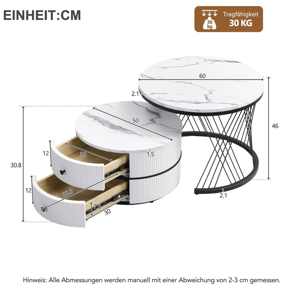 Set 2 Tavolini da Caff¨¨ Rotondi ¨C MINIMAL ¨C Bianco Lucido Effetto Marmo, 2 Cassetti, 60x60x46 e 50x50x31
