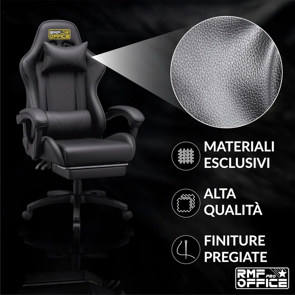 RMF Sedia Gaming Professionale Ergonomica Reclinabile, Poltrona Gaming Seduta Comoda e Rilassante con Poggiapiedi - Sedia per Gamer con Ruote Girevoli, Altezza Regolabile (Nera)