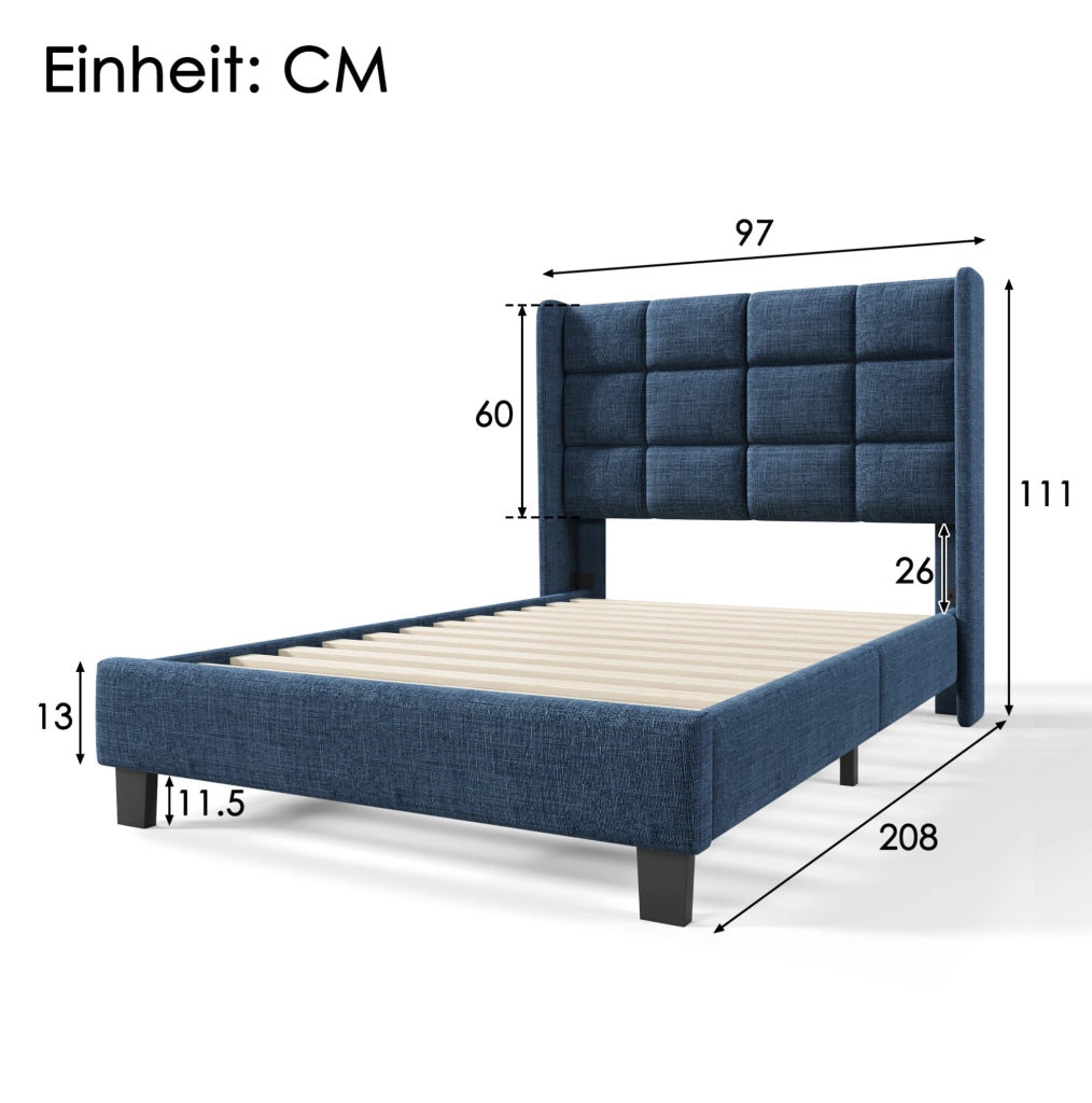 Letto imbottito singolo 90x200 cm blu in lino con rete a doghe