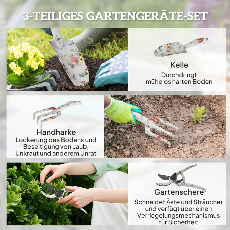 SET da giardino 3 pezzi in alluminio multicolore con cesoie, pala e rastrello