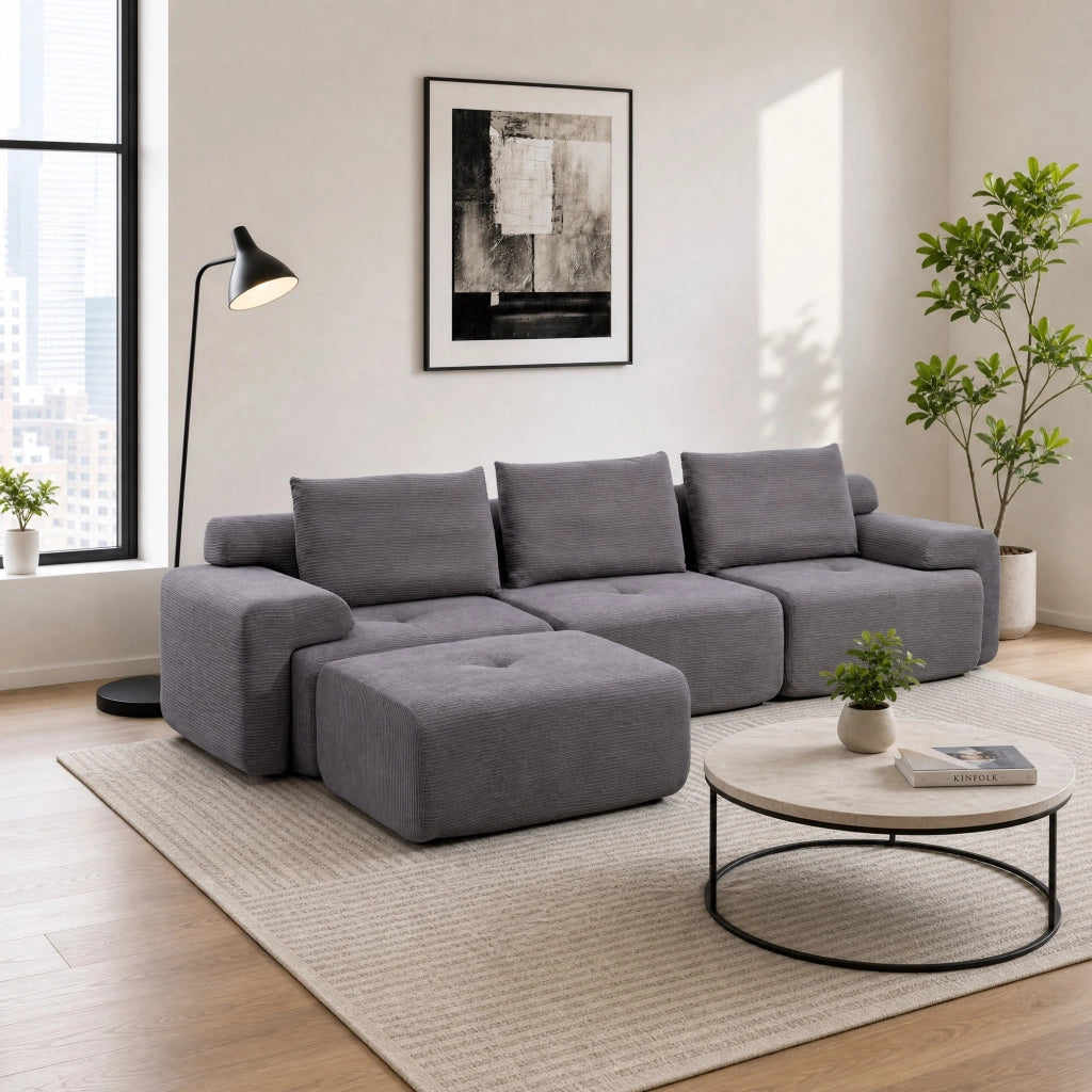 Divano angolare modulare - con chaise longue e seduta profonda - in tessuto grigio scuro