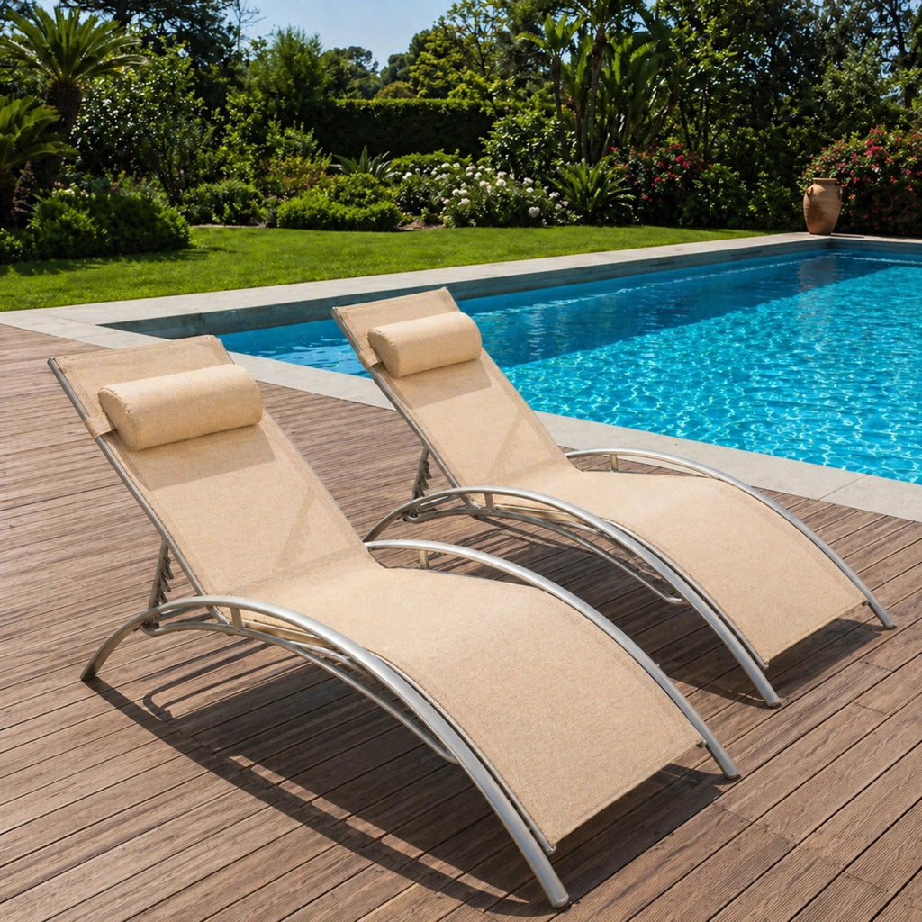Set 2 Lettini Relax Reclinabili Da Esterno Con Schienale Regolabile 5 Posizioni In Textilene Traspirante Per Giardino Piscina Terrazza Outdoor 59 x 158 x 81.5 Cm Beige