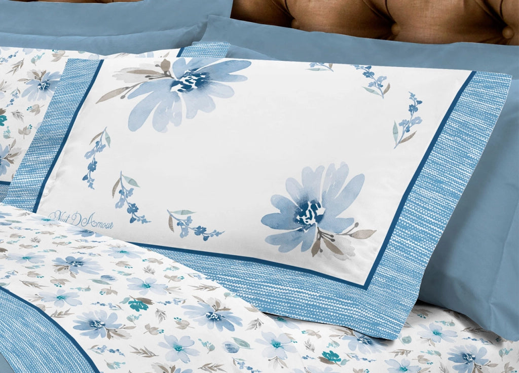 Completo Lenzuola Letto Flanella Calda 100% Cotone Disegno Fiori 8284 - Matrimoniale - Azzurro