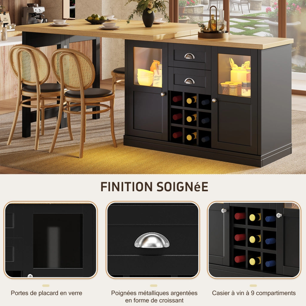 Tavolo da pranzo estensibile con LED a 3 colori; 2 cassetti; 2 armadietti con ante in vetro e portabottiglie; per cucina e soggiorno