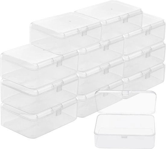 Scatola di conservazione in plastica trasparente con coperchio pieghevole (12 pezzi), 9 x 6 x 3,3 cm, scatola di conservazione mini in plastica per piccoli oggetti come perle, pillole, gioielli, viti, cassetta di ordinamento, accessori per hobby