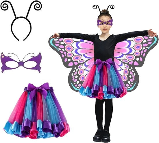Costume da pipistrello per bambini con ali colorate, gonna di tulle, maschera e cintura per Halloween e carnevale cosplay