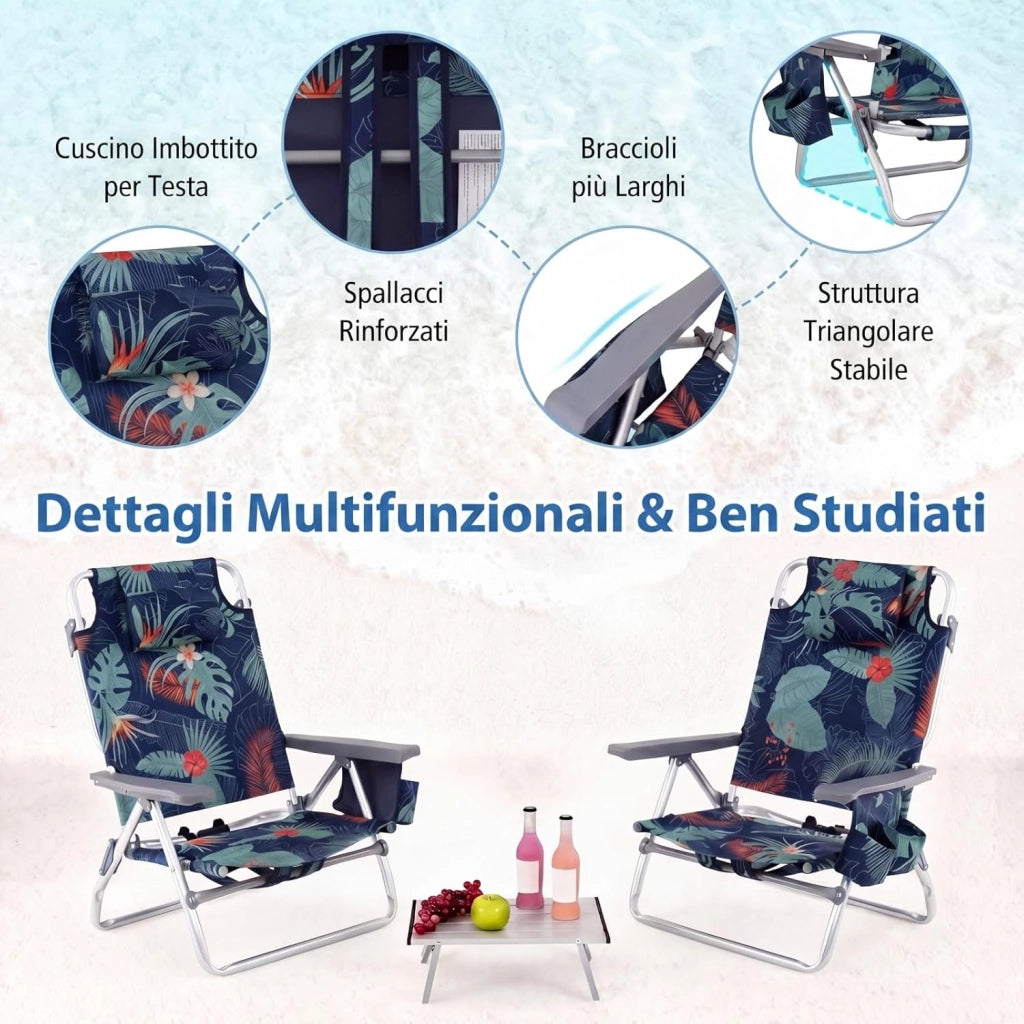 Set di 2 Sedie e Tavolino da Spiaggia Pieghevole, Schienale Regolabile a 5 Livelli, con Portatesta, Borsa Portaoggetti, Borsa Termica, per Campeggio Picnic Esterno (Fogliame, Modello 2)