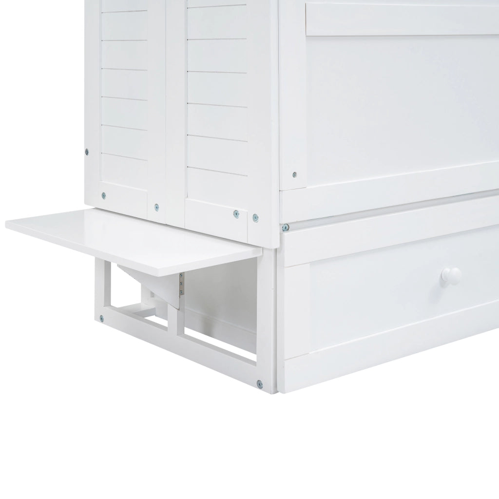 OKWISH Letto a scomparsa 140×200 cm, Letto Matrimoniale con 1 Cassetto e Mensole, senza Materasso, in Pino e MDF, Bianco