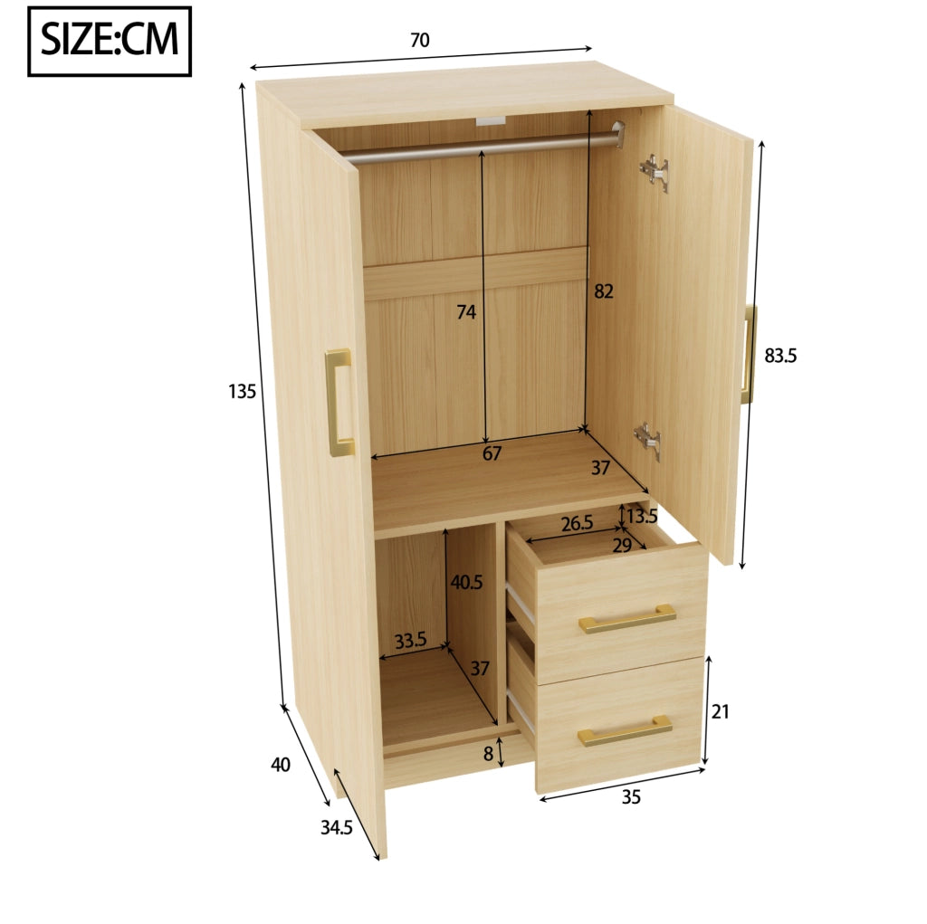 Armadio per cameretta a 2 ante con 2 cassetti e vano contenitore; 70 x 40 x 135 cm; legno naturale