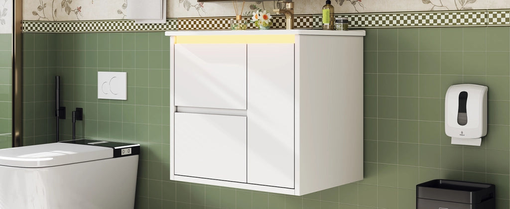 Mobile sottolavabo con 2 cassetti, 1 armadietto, LED a sensore e lavabo integrato per bagno, bianco 61 × 46,5 × 57 cm