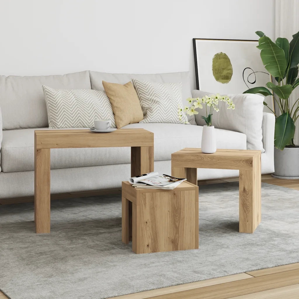 Tavolini Impilabili 3 pz Rovere Artigianale in Truciolato 856673