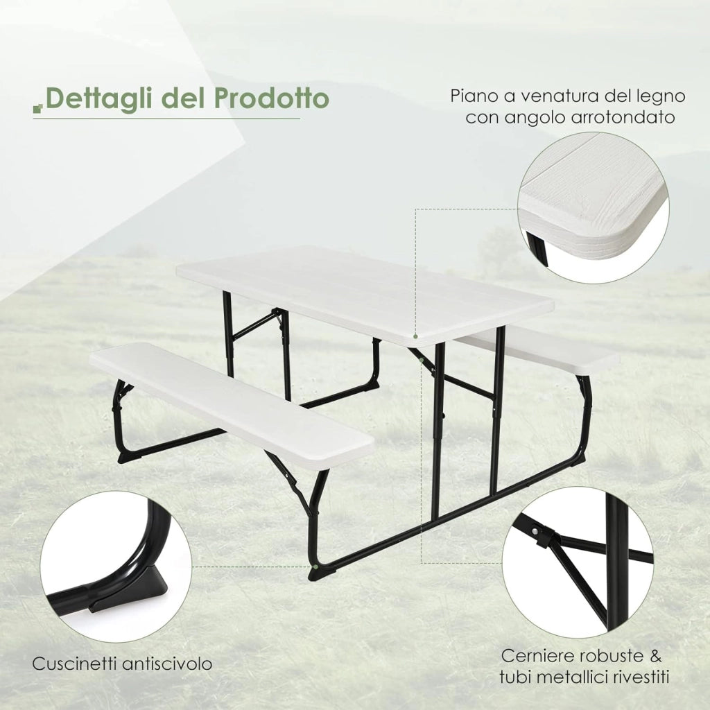 Set di Tavolo Campeggio Pieghevole, 136 x 151 x 73cm, Set di Tavolino e 2 Panca da Campeggio all’Aperto, da 4-6 Posti, per Patio Giardino Bordo Piscina (bianco)