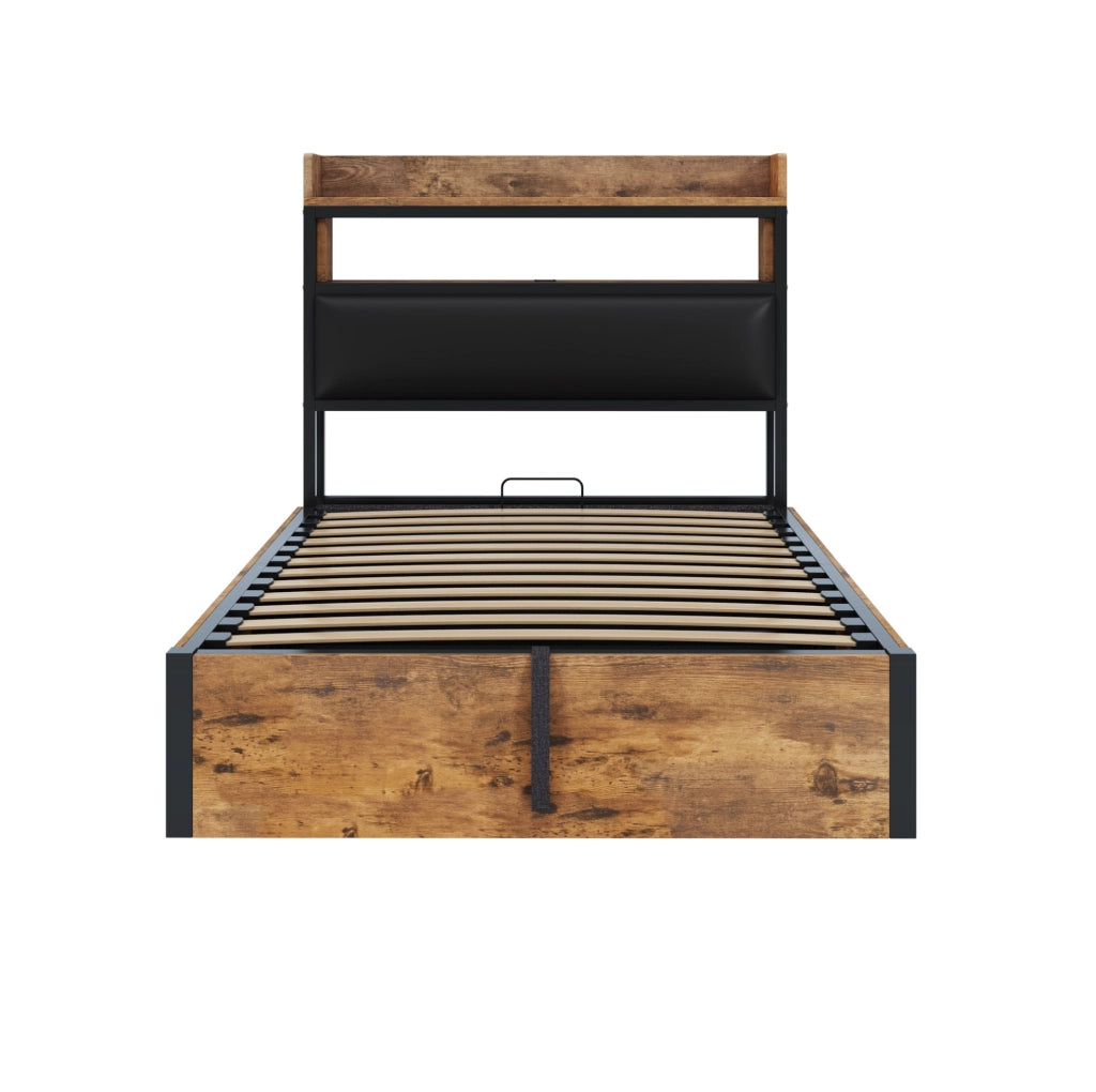 Letto singolo 90x200 cm con contenitore; meccanismo idraulico; USB; nero