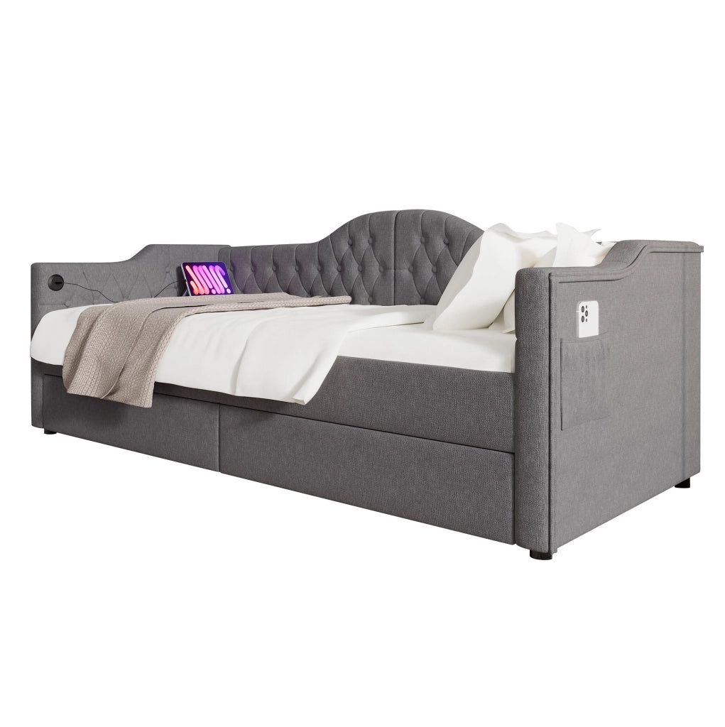 Letto singolo a daybed 90x200 cm in tessuto lino grigio con USB Type C e 2 cassetti