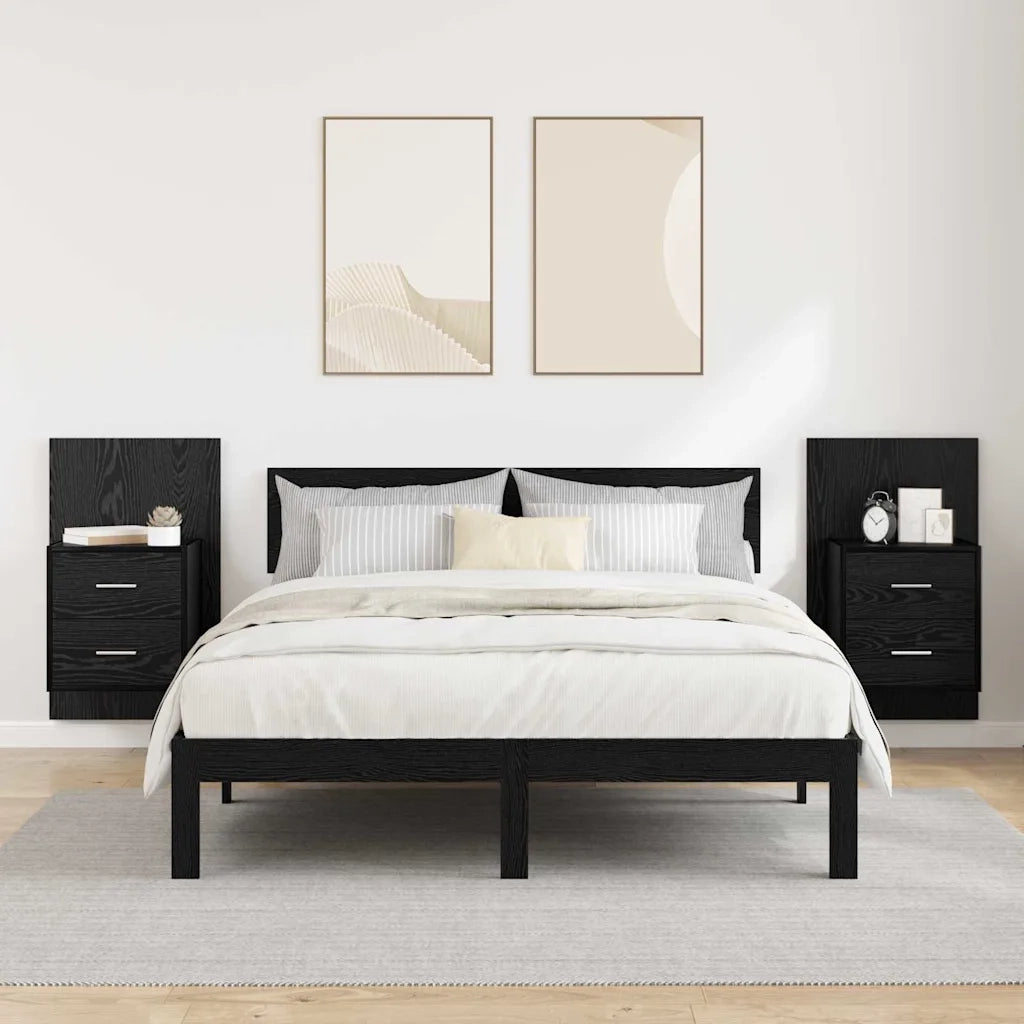 Set di 2 Mobiletto da Comodino | Armadio da Notte | Mobiletto da notte a parete con cassetto Rovere Nero