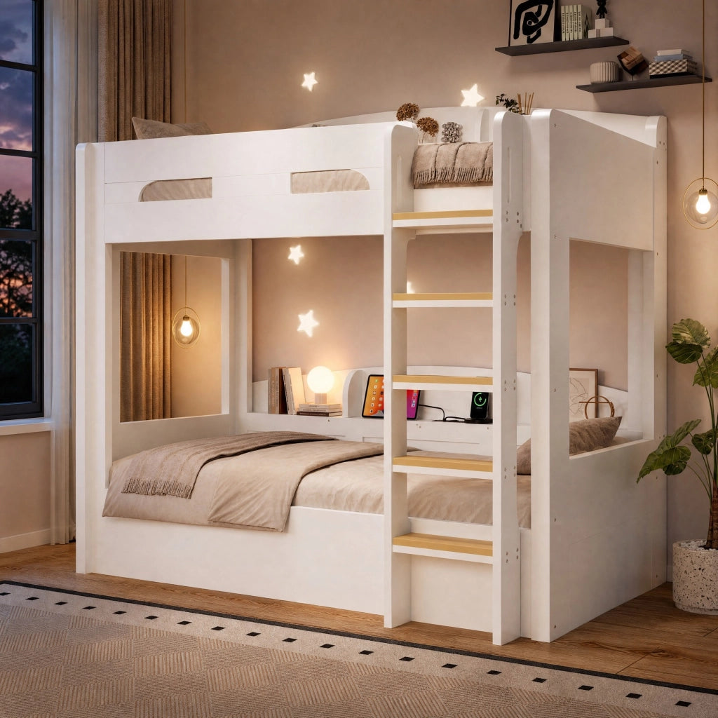 Letto a castello 90 × 200 cm con presa USB e ripiani laterali in legno e MDF per camerette