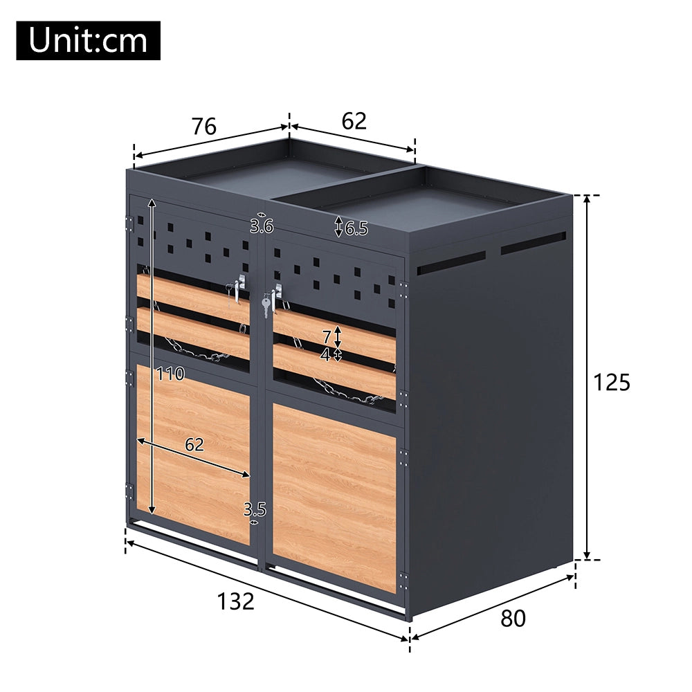 Cabina per 2 bidoni con tetto verde - Xylo - 120-240 litri, colore antracite, porta in stile legno, estensibile