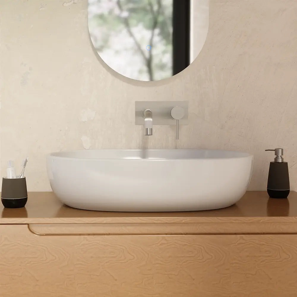 Lavabo da appoggio ovale con bordo slim 61x41x13,5 cm bianco lucido