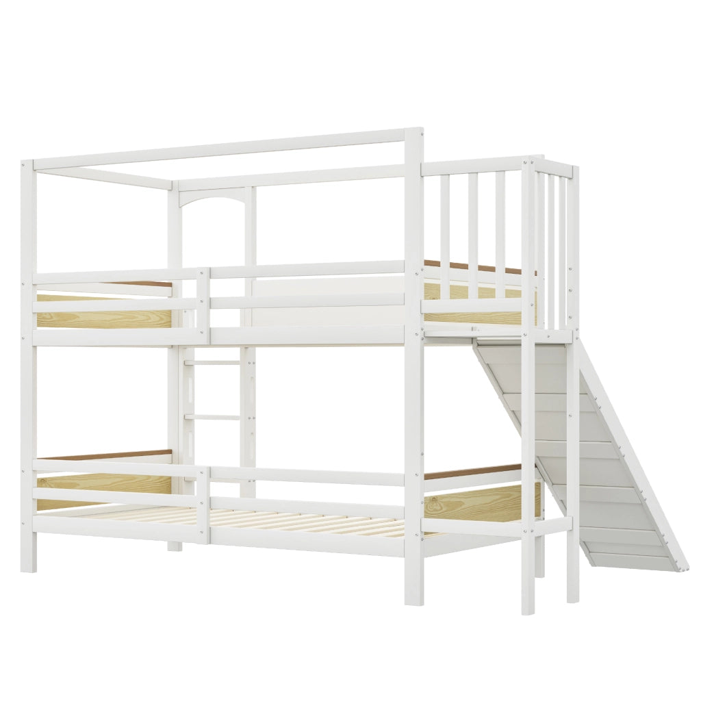 OKWISH Letto a Castello 90×200 cm, Letto Singolo con Scivolo, Scala Larga e Sponde di Sicurezza, senza Materasso, Legno, Bianco