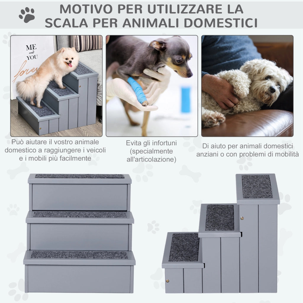 EasyComfort Scaletta per Cani a 3 Gradini con Tappeto Antiscivolo e Spazio Interno, 40.5x44.5x38cm, Grigio