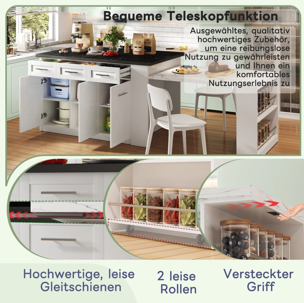Isola cucina con tavolo estraibile e contenitori, 150x90 cm