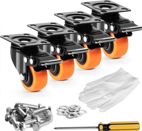 Set di 4 Ruote a 15 cm con Blocco e Doppia Verga - Sicurezza - Ruote in PVC - Carrello - Mobili - Tavolo di Lavoro