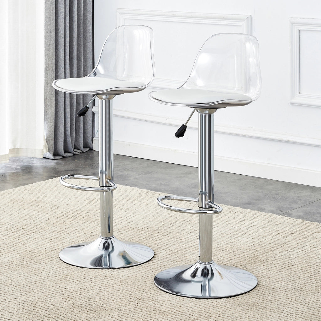 Set di 2 sgabelli da bar girevoli; regolabili in altezza; in metallo e plastica; bianco e argento